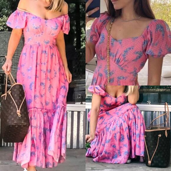 LOVESHACKFANCY CottageCore Angie Maxi Dress Puff Sleeve in Hot Pink Floral 4 S - Picture 3 of 14